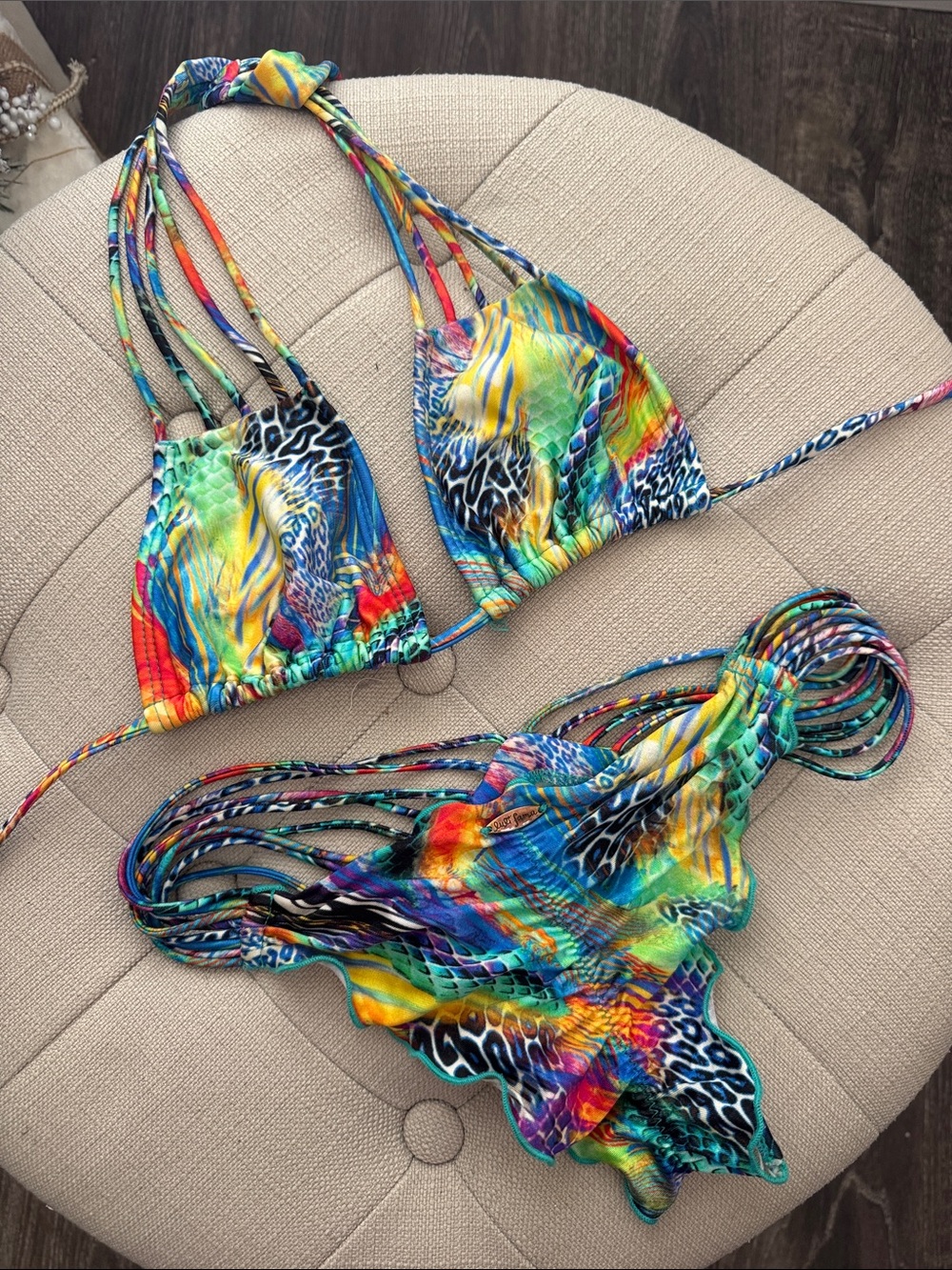 Luli Fama Multicolor scrunch, Strappy Triangle Bikini - multi animal print. Sexy